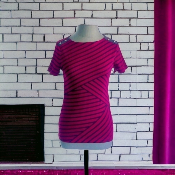 NWT KAREN SCOTT Red Blue Asymmetrical Stripe Cotton T-Shirt Short Sleeve Tee Top - Picture 2 of 4